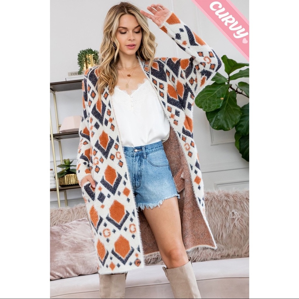 Aztec Print Long Sweater Cardigan Curvy Sizes